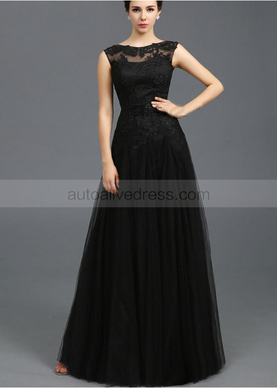 Black Lace Tulle Corset Back Long Evening Dress